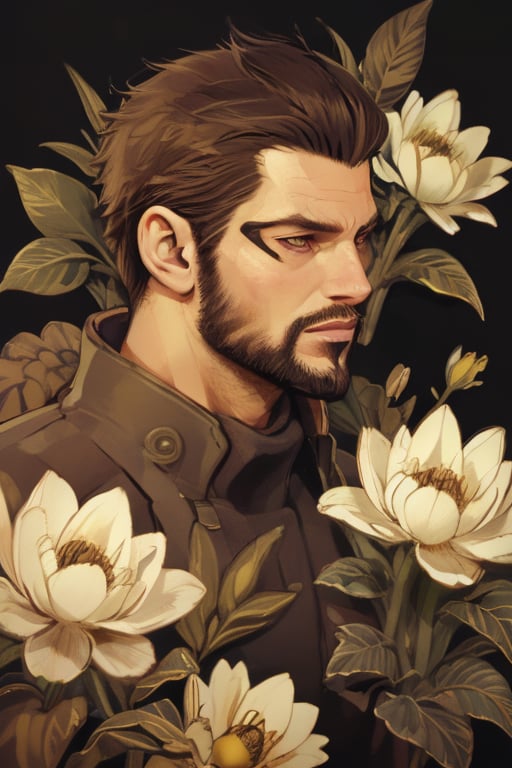 Adam Jensen enveloped in a thick wall of flowers. Upper body portrait. Black background. Looking away from camera.

Masterpiece, photorealistic, golden eyes, jensenDX,

overlooking, documentary,

Zhostovo painting