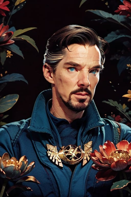 Dr. Stephen Strange enveloped in a thick wall of flowers. Upper body portrait. Dark red background. Looking away from camera.

Masterpiece, photorealistic, green-blue eyes,
stephen_strange