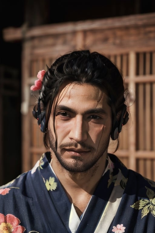 Highly detailed, High Quality, Masterpiece, beautiful, sole_male, 1boy, solo, Jetstream Sam, Half body portrait, facial hair, beard, vertical scar on face, european face, brazilian face, beautiful photography, stage photography, interesting pose, unusual head tilt, traditional japanese background, yukata, furisode, red_yukata, haori