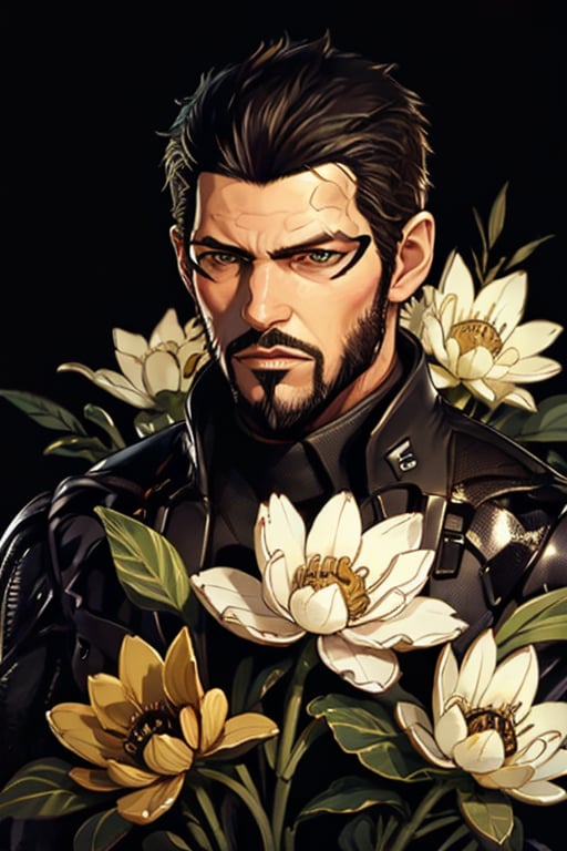 Adam Jensen enveloped in a thick wall of flowers. Upper body portrait. Black or dark background. Looking away from camera. Slightly colder pallete, colder filter.

Masterpiece, photorealistic, golden eyes, jensenDX,

overlooking, documentary,

Zhostovo painting, black theme