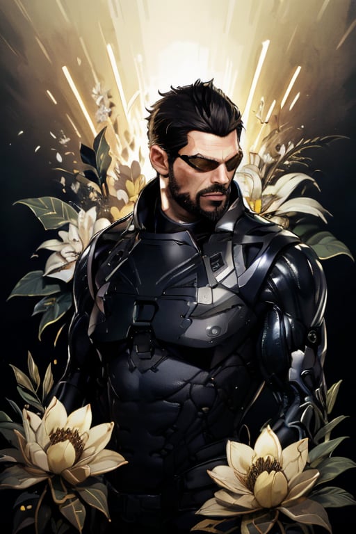 Adam Jensen enveloped in a thick wall of flowers. Upper body portrait. Black or dark background. Looking away from camera. Slightly colder pallete, colder filter.

Masterpiece, photorealistic, golden eyes, jensenDX,

overlooking, documentary,

Zhostovo painting, black theme