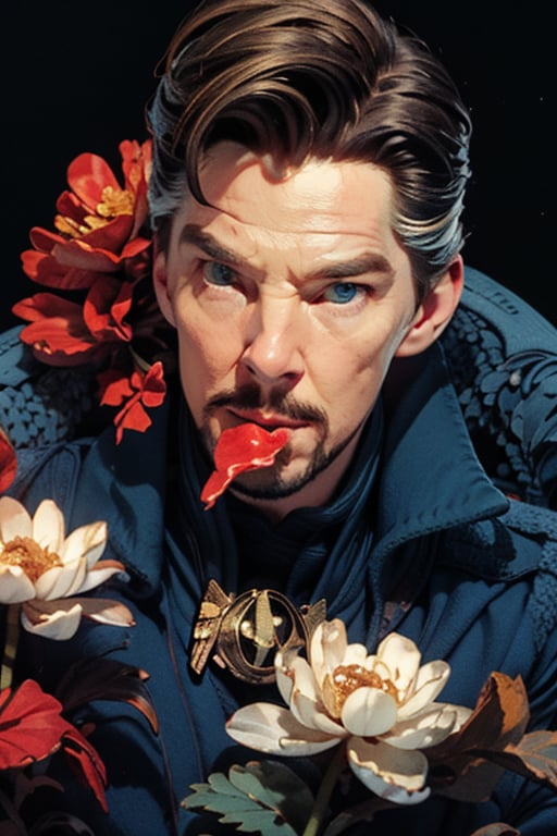 Dr. Stephen Strange enveloped in a thick wall of geraniums, with a flower in his mouth, eyes almost closed. Upper body portrait. Dark background.

Masterpiece, photorealistic, green-blue eyes,
stephen_strange