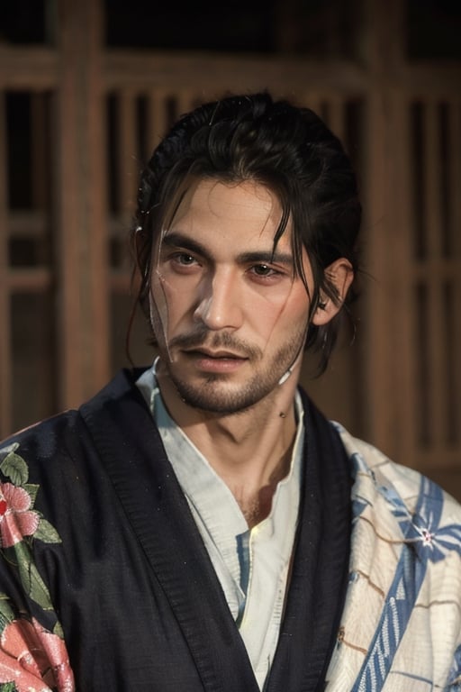 Highly detailed, High Quality, Masterpiece, beautiful, sole_male, 1boy, solo, male_focus, manly, Jetstream Sam, Half body portrait, facial hair, beard, vertical scar on face, european face, brazilian face, beautiful photography, stage photography, interesting pose, unusual head tilt, traditional japanese background, male yukata, red_yukata, haori, gaze somewhere