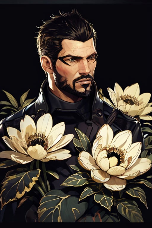 Adam Jensen enveloped in a thick wall of flowers. Upper body portrait. Black or dark background. Looking away from camera. Slightly colder pallete, colder filter.

Masterpiece, photorealistic, golden eyes, jensenDX,

overlooking, documentary,

Zhostovo painting, black theme