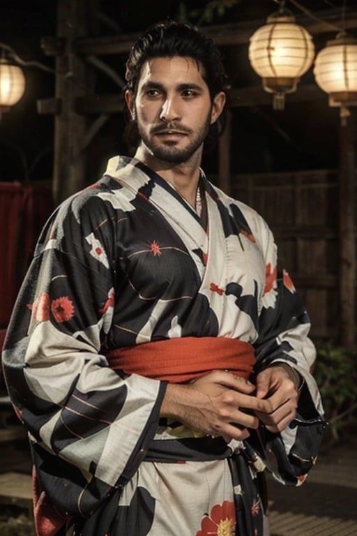 Highly detailed, High Quality, Masterpiece, beautiful, sole_male, 1boy, solo, male_focus, manly, Jetstream Sam, Half body portrait, facial hair, beard, vertical scar on face, european face, brazilian face, beautiful photography, stage photography, interesting pose, unusual head tilt, traditional japanese background, male yukata, red_yukata, haori, gaze somewhere, videogame screenshot, volumetric light, gorgeous light, colorful kites and japanese lanterns around