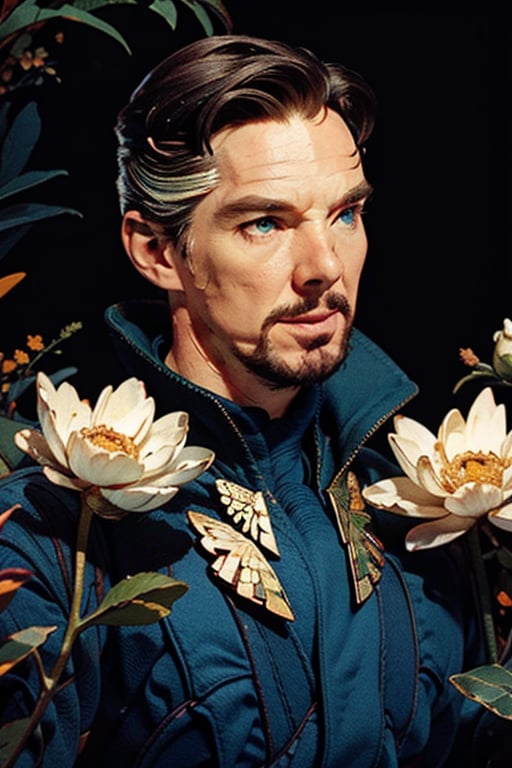 Dr. Stephen Strange enveloped in a thick wall of flowers. Upper body portrait. Dark red background. Looking away from camera.

Masterpiece, photorealistic, green-blue eyes,
stephen_strange,

overlooking, documentary,

Zhostovo painting flowers