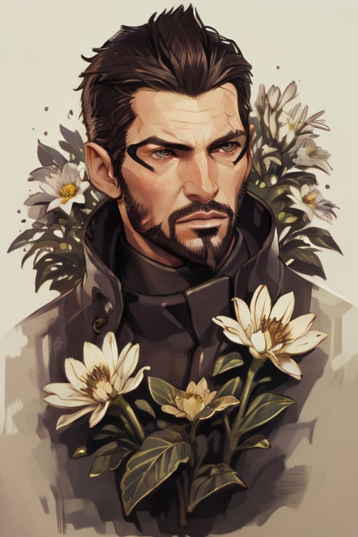 Adam Jensen enveloped in a thick wall of flowers. Upper body portrait. Black background. Looking away from camera. Slightly colder pallete, colder filter.

Masterpiece, photorealistic, golden eyes, jensenDX,

overlooking, documentary,

Zhostovo painting