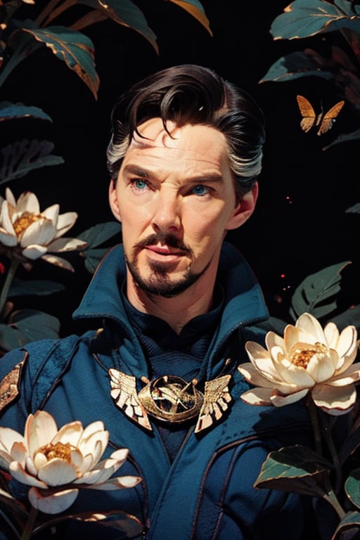 Dr. Stephen Strange enveloped in a thick wall of flowers. Upper body portrait. Dark red background. Looking away from camera.

Masterpiece, photorealistic, green-blue eyes,
stephen_strange,

overlooking, documentary,

Zhostovo painting flowers