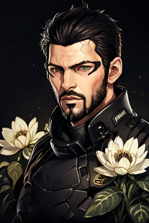 Adam Jensen enveloped in a thick wall of flowers. Upper body portrait. Black or dark background. Looking away from camera. Slightly colder pallete, colder filter.

Masterpiece, photorealistic, golden eyes, jensenDX,

overlooking, documentary,

Zhostovo painting, black theme