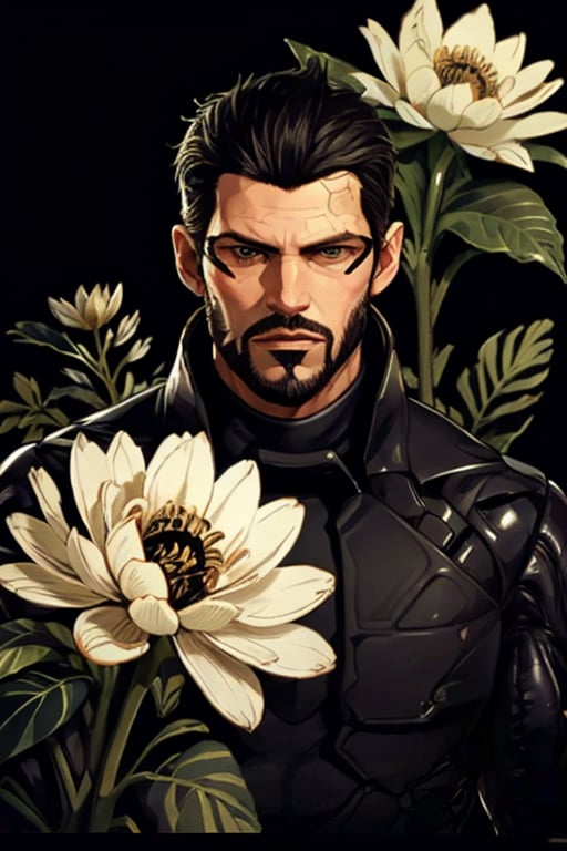 Adam Jensen enveloped in a thick wall of flowers. Upper body portrait. Black or dark background. Looking away from camera. Slightly colder pallete, colder filter.

Masterpiece, photorealistic, golden eyes, jensenDX,

overlooking, documentary,

Zhostovo painting, black theme