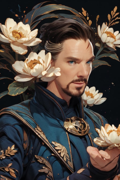 Dr. Stephen Strange enveloped in a thick wall of flowers. Upper body portrait. Black background. Looking away from camera.

Masterpiece, photorealistic, green-blue eyes,
stephen_strange,

overlooking, documentary,

Zhostovo painting