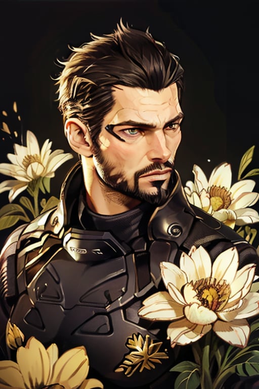 Adam Jensen enveloped in a thick wall of flowers. Upper body portrait. Black or dark background. Looking away from camera. Slightly colder pallete, colder filter.

Masterpiece, photorealistic, golden eyes, jensenDX,

overlooking, documentary,

Zhostovo painting