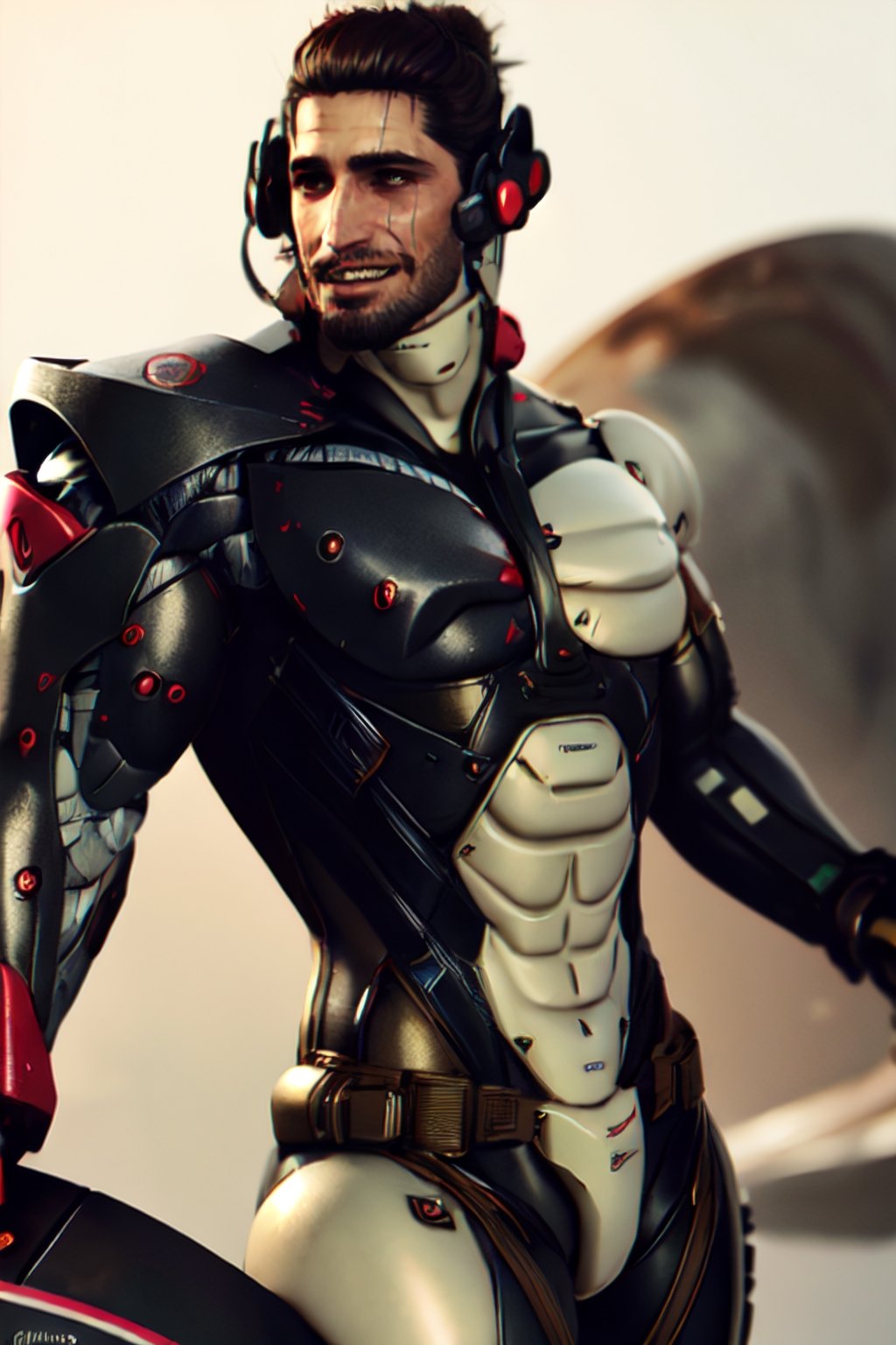 Highly detailed, High Quality, Masterpiece,  beautiful, (best quality:1.2), solo, male focus, 1boy, jetstream sam, cyborg, scar on face, facial hair, beard, torso shot, super detailed and realistic eyes, light_brown_eyes, shiny_colors, countershaded_torso, different poses, hyper detailed, dynamic pose, surfing,  (detailed face and eyes:1.3), smile, volumetric light