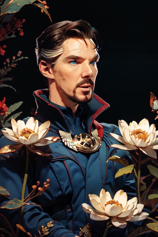 Dr. Stephen Strange enveloped in a thick wall of flowers. Upper body portrait. Dark red background. Looking away from camera.

Masterpiece, photorealistic, green-blue eyes,
stephen_strange,

overlooking, documentary,

Zhostovo painting flowers