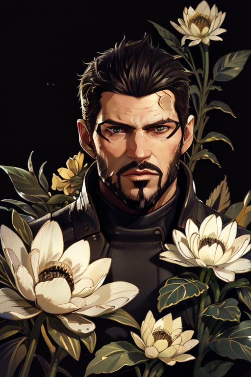 Adam Jensen enveloped in a thick wall of flowers. Upper body portrait. Black or dark background. Looking away from camera. Slightly colder pallete, colder filter.

Masterpiece, photorealistic, golden eyes, jensenDX,

overlooking, documentary,

Zhostovo painting, black theme