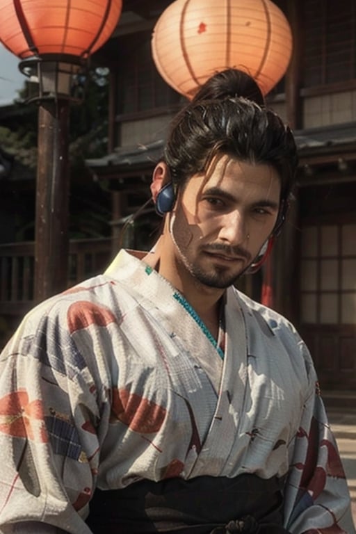 Highly detailed, High Quality, Masterpiece, beautiful, sole_male, 1boy, solo, male_focus, manly, Jetstream Sam, Half body portrait, facial hair, beard, vertical scar on face, european face, brazilian face, high ponytail, beautiful photography, professional photography, interesting pose, unusual head tilt, traditional japanese background, male yukata, red_yukata, haori, gaze away, videogame screenshot, volumetric light, gorgeous light, colorful paper kites and japanese paper lanterns around