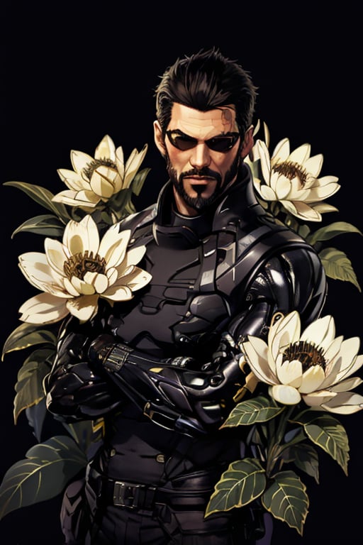 Adam Jensen enveloped in a thick wall of flowers. Upper body portrait. Black or dark background. Looking away from camera. Slightly colder pallete, colder filter.

Masterpiece, photorealistic, golden eyes, jensenDX,

overlooking, documentary,

Zhostovo painting, black theme