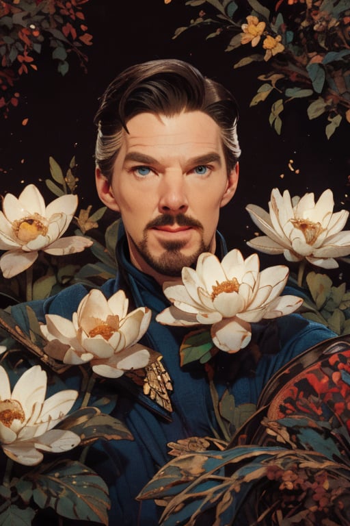 Dr. Stephen Strange enveloped in a thick wall of flowers. Upper body portrait. Dark red background. Looking away from camera.

Masterpiece, photorealistic, green-blue eyes,
stephen_strange,

overlooking, documentary,

Zhostovo painting