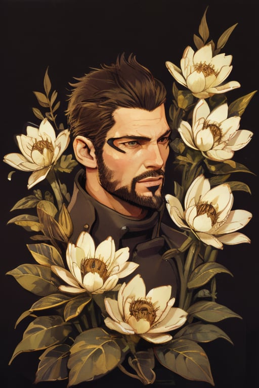 Adam Jensen enveloped in a thick wall of flowers. Upper body portrait. Black background. Looking away from camera. Slightly colder pallete, colder filter.

Masterpiece, photorealistic, golden eyes, jensenDX,

overlooking, documentary,

Zhostovo painting