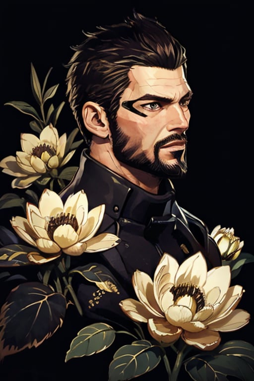 Adam Jensen enveloped in a thick wall of flowers. Upper body portrait. Black or dark background. Looking away from camera. Slightly colder pallete, colder filter.

Masterpiece, photorealistic, golden eyes, jensenDX,

overlooking, documentary,

Zhostovo painting, black theme