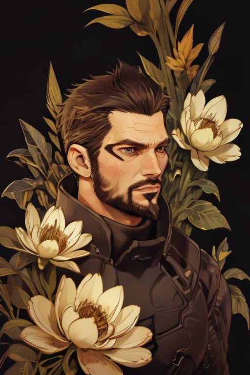 Adam Jensen enveloped in a thick wall of flowers. Upper body portrait. Black background. Looking away from camera. Slightly colder pallete, colder filter.

Masterpiece, photorealistic, golden eyes, jensenDX,

overlooking, documentary,

Zhostovo painting