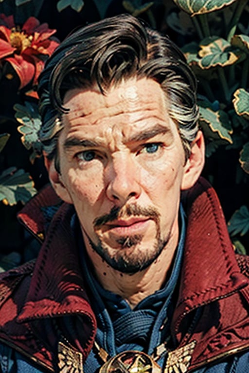 Dr. Stephen Strange enveloped in a wall of geraniums, with a flower in his lips, eyes almost closed. Upper body portrait.

Masterpiece, photorealistic, green-blue eyes,
stephen_strange