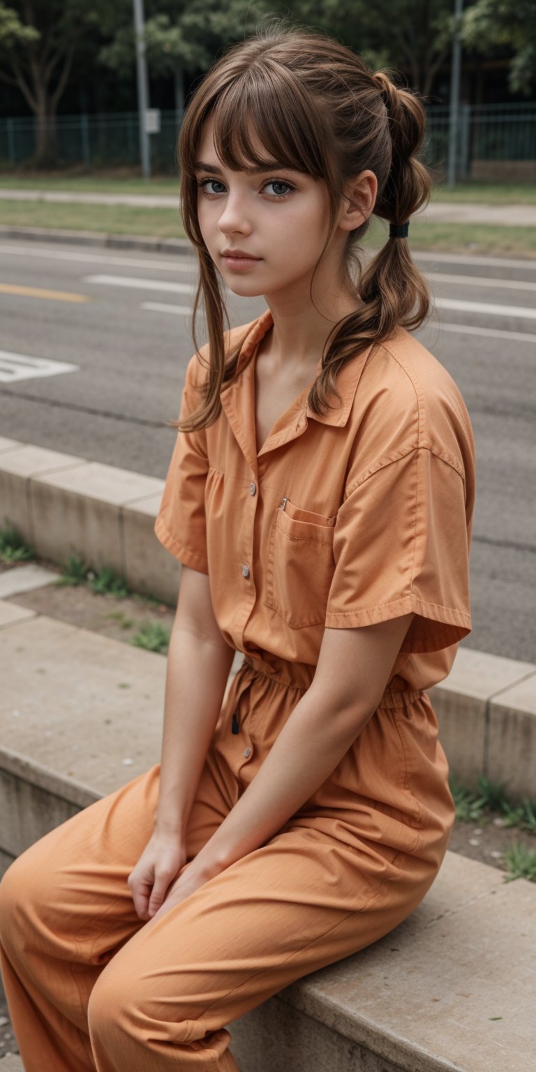 BREAK 1girl, solo,  mrndnkk, pink eyes, brown hair, twintails, very long hair, bangs, orange jumpsuit, prison clothes, prisoner, shackles, standing, outdoors, looking at viewer, pout, sitting