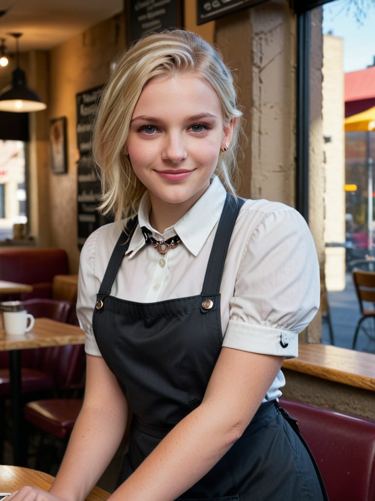 Photorealistic photography of Cafe environment, with a young 18 years old waitress, sw33ny, featuring blonde hair,  grey eyes, beautiful figure in a stylish uniform, wearing unique accessories, necklace, punk style ear piercing,
Standing with hands clasped in front, smiling gently.
Soft ambient lighting, enhancing the warm cafe atmosphere.
Warm, natural light streaming in through the windows.
8K resolution for ultra-high detail.
Hyperrealistic textures for maximum realism.
Photorealistic rendering for a lifelike appearance.
Ultra-sharp focus on key elements.
Cinematic color grading for a filmic look.
Dynamic range to capture the full spectrum of light.
High dynamic range (HDR) for balanced lighting.
Soft focus on background elements to create depth.
Fine detail enhancement for intricate textures.
Ultra-high contrast for dramatic effect.
Realistic depth of field for a natural look.
Vivid color saturation for a vibrant scene.
Sharp edge detailing on the character and cafe furniture.
Smooth gradient transitions for a polished look.
Subtle vignetting to focus attention on the character.
Enhanced clarity on all elements.
Realistic motion blur for any movement.
Perfectly balanced lighting for a natural feel.
Natural color tones for the cafe and character.
Crisp shadow definition for high detail.
Warm, inviting color palette for a serene atmosphere.
Enhanced texture blending for a seamless look.
Subtle noise reduction for a clean finish.
High definition reflections on the cafe tables and character’s uniform.
Sharp focus throughout for maximum detail.
Ultra-smooth gradients in the background.
High clarity in soft areas for balanced contrast.
Subtle glow effects to enhance the warm atmosphere.
Perfect exposure for natural light and shadows.
Detailed texture mapping for ultra-realism.
Enhanced light reflections on the cafe and character’s accessories.
Perfectly balanced contrast for visual appeal.
High resolution details for lifelike representation.
Soft shadow transitions for a natural look.
Enhanced light diffusion for realism.
Realistic atmospheric effects to add depth.
High color accuracy for true-to-life tones.
Subtle texture overlays for added detail.
High-definition light beams filtering through the cafe windows.
Perfectly aligned shadows for a cohesive look.
Enhanced light scattering through the cafe environment.
Crisp, detailed edges on all elements.
Subtle light flares for added realism.
Balanced color grading for a natural look.
Detailed environmental mapping for a realistic scene.
Ultra-fine detail on all surfaces.
Perfectly integrated elements for a seamless composition.
Cinematic realism for an immersive experience.
Vibrant yet natural color palette to enhance the mood.
High-quality render to capture every detail.
