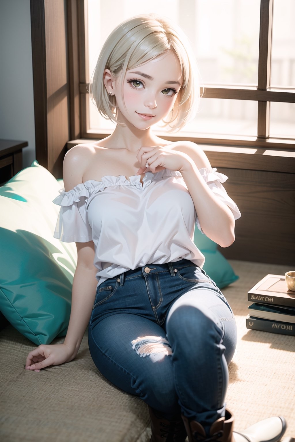 {{A tranquil}} depiction of {a beautiful girl} with {beautiful silver short hair} and {beautiful yellow eyes}, lying gracefully on a {futon} with {a serene smile} and {gentle blush}. She wears {a one-shoulder top, skinny jeans, and brown boots} in {a tatami room}. This is a {masterpiece}-inspired image that showcases {the serene beauty} of the girl. The environment/background should be {a tatami room} to create {a peaceful atmosphere}. The image should be in the style of {a hand-drawn illustration}, incorporating elements of {anime}. The close-up shot, captured with {a macro} lens, will provide {perfect anatomy} and {intricate details} of the girl's face and attire. The lighting should be {soft and natural}, emphasizing {the girl's tranquil expression}. The desired level of detail is {perfect}, highlighting {the flawless hands and proportions} of the girl. The goal is to create {a tranquil and captivating} image that captivates viewers with its {serene beauty}.