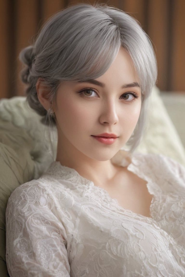 {{A tranquil}} depiction of {a beautiful girl} with {beautiful silver short hair} and {beautiful yellow eyes}, lying gracefully on a {futon} with {a serene smile} and {gentle blush}. She wears {a one-shoulder top, skinny jeans, and brown boots} in {a tatami room}. This is a {masterpiece}-inspired image that showcases {the serene beauty} of the girl. The environment/background should be {a tatami room} to create {a peaceful atmosphere}. The image should be in the style of {a hand-drawn illustration}, incorporating elements of {anime}. The close-up shot, captured with {a macro} lens, will provide {perfect anatomy} and {intricate details} of the girl's face and attire. The lighting should be {soft and natural}, emphasizing {the girl's tranquil expression}. The desired level of detail is {perfect}, highlighting {the flawless hands and proportions} of the girl. The goal is to create {a tranquil and captivating} image that captivates viewers with its {serene beauty}.