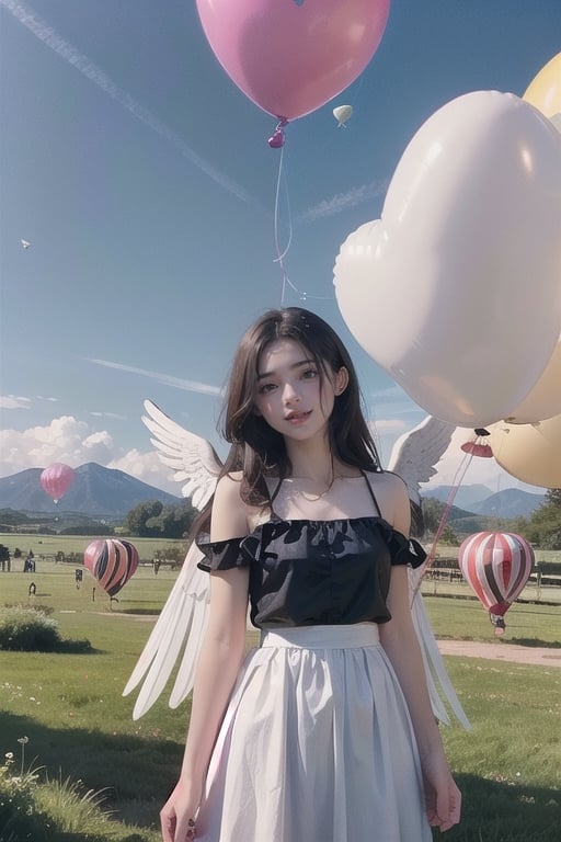 A 20-year-old woman looking in the direction of an unknown object (a familiar face) Angel, angel wings, balloons, heart balloons, wind, rope, earth landscape, medieval castle, lake, mountains, clouds, clear sky, colorful balloons (balloons: 1.5) Blue and white tones, smiles, epic, Celestia, fantasy world, beautiful world.