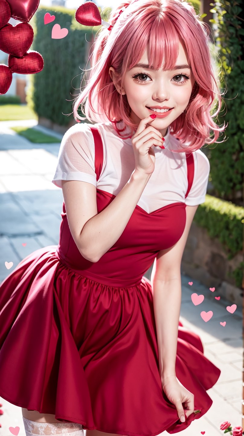 Valentine's Day theme, 1 girl, red dress, tight high, white socks, sending a kiss, hearts, flowers, pink hair, freckles, sharp focus, perfect hands, perfect light
