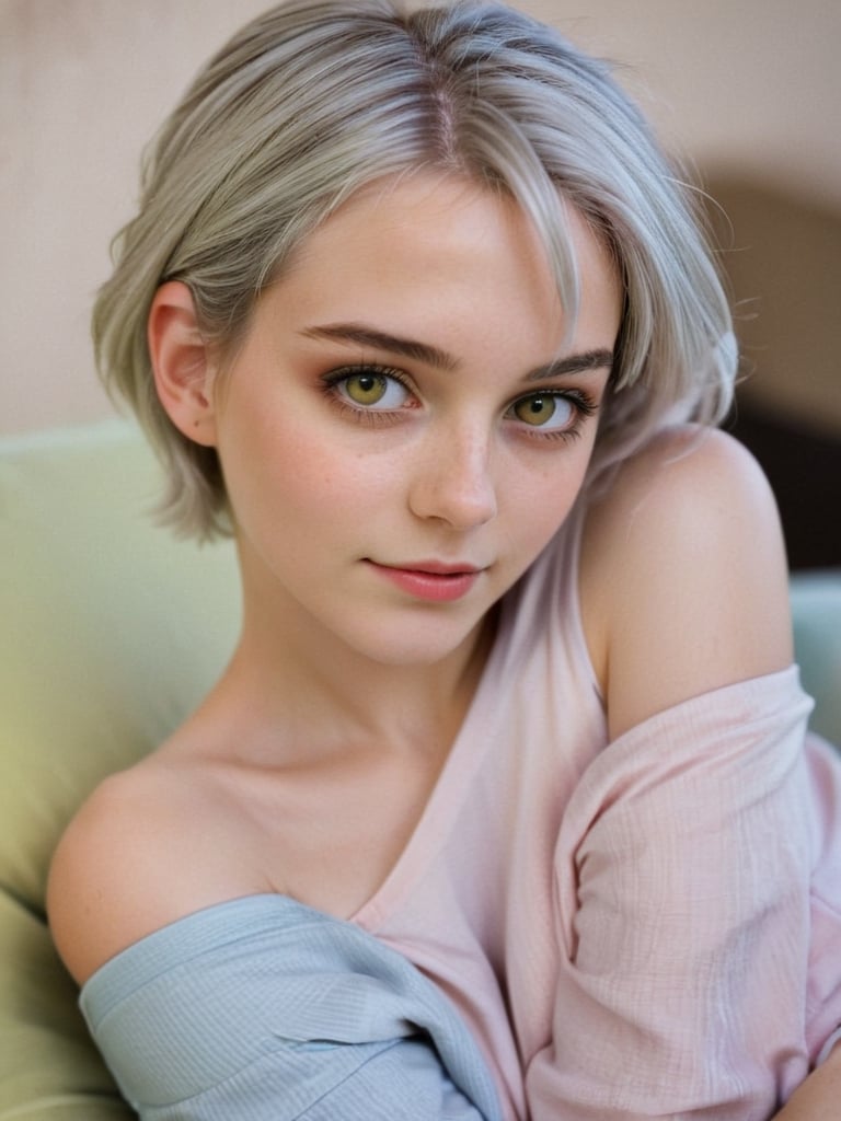 {{A tranquil}} depiction of {a beautiful girl} with {beautiful silver short hair} and {beautiful yellow eyes}, lying gracefully on a {futon} with {a serene smile} and {gentle blush}. She wears {a one-shoulder top, skinny jeans, and brown boots} in {a tatami room}. This is a {masterpiece}-inspired image that showcases {the serene beauty} of the girl. The environment/background should be {a tatami room} to create {a peaceful atmosphere}. The image should be in the style of {a hand-drawn illustration}, incorporating elements of {anime}. The close-up shot, captured with {a macro} lens, will provide {perfect anatomy} and {intricate details} of the girl's face and attire. The lighting should be {soft and natural}, emphasizing {the girl's tranquil expression}. The desired level of detail is {perfect}, highlighting {the flawless hands and proportions} of the girl. The goal is to create {a tranquil and captivating} image that captivates viewers with its {serene beauty}.