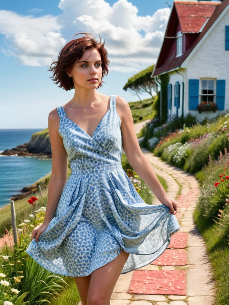 A beautiful young woman with short, flowing dark hair with red highlights, wearing a vibrant red dress, standing on a picturesque path leading to a charming coastal cottage. The scene captures the woman in a dynamic, thoughtful pose, looking towards the horizon. Her dress gently flows with the breeze, showcasing realistic fabric textures and soft lighting. The background features a quaint cottage with a red-tiled roof, surrounded by lush, green fields and blooming wildflowers. The sky is bright blue with fluffy white clouds, and the ocean is visible in the distance with sailboats dotting the horizon. The composition emphasizes realistic textures, detailed lighting, and a serene, idyllic atmosphere.