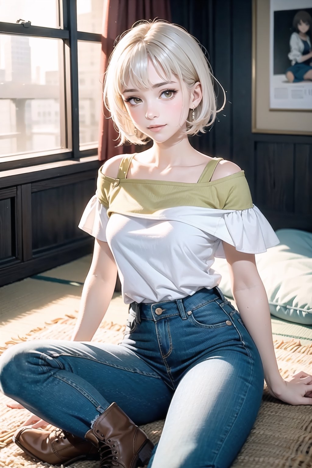 {{A tranquil}} depiction of {a beautiful girl} with {beautiful silver short hair} and {beautiful yellow eyes}, lying gracefully on a {futon} with {a serene smile} and {gentle blush}. She wears {a one-shoulder top, skinny jeans, and brown boots} in {a tatami room}. This is a {masterpiece}-inspired image that showcases {the serene beauty} of the girl. The environment/background should be {a tatami room} to create {a peaceful atmosphere}. The image should be in the style of {a hand-drawn illustration}, incorporating elements of {anime}. The close-up shot, captured with {a macro} lens, will provide {perfect anatomy} and {intricate details} of the girl's face and attire. The lighting should be {soft and natural}, emphasizing {the girl's tranquil expression}. The desired level of detail is {perfect}, highlighting {the flawless hands and proportions} of the girl. The goal is to create {a tranquil and captivating} image that captivates viewers with its {serene beauty}.