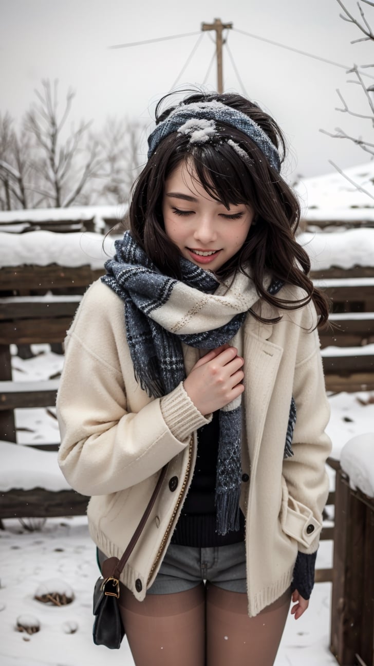 1girl, solo, long hair, blush, bangs, black hair, long sleeves, brown eyes, pantyhose, lying, one eye closed, open clothes, shorts, teeth, artist name, signature, on back, scarf, sweater, coat, black pantyhose, hands up, short shorts, feet out of frame, watermark, black shorts, clenched teeth, snow, open coat, snowing, white sweater, legwear under shorts, winter, blue scarf, plaid scarf, cable knit, aran sweater
