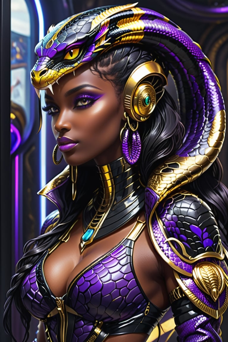 《masterpiece》, 《best quality》, 《ultra-detailed》, 1girl, cool, Glowing purple eyes, '((dark skin))', egyptian, egyptian style, exotic, black hair, '((Augmented cyborg))', fused with King Cobra, king cobra motif, poisonous, '((dripping black venom))', '((purple and gold metal exoskeleton))', '((snakeskin jacket with hood))', '((black snake scales))', '((Talking on a smartphone))', '(((Smartphone, selfie)))', '((upper body angle))', '(((elevator)))',