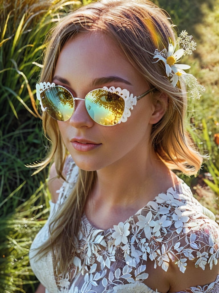 1girl,frameless sunglasses,iridescent light,sunny day,reflection on frameless glasses,(lens flare:1.3),yellow theme,looking at viewer,,white lace silver summer dress,glitters on dress,from above side,street with flower grass trees,(detailed:1.3) image,(intricate:1.2)(autumn :1.3),(masterpiece:1.2),(best quality:1.2),newest,intricate details,ai-generated