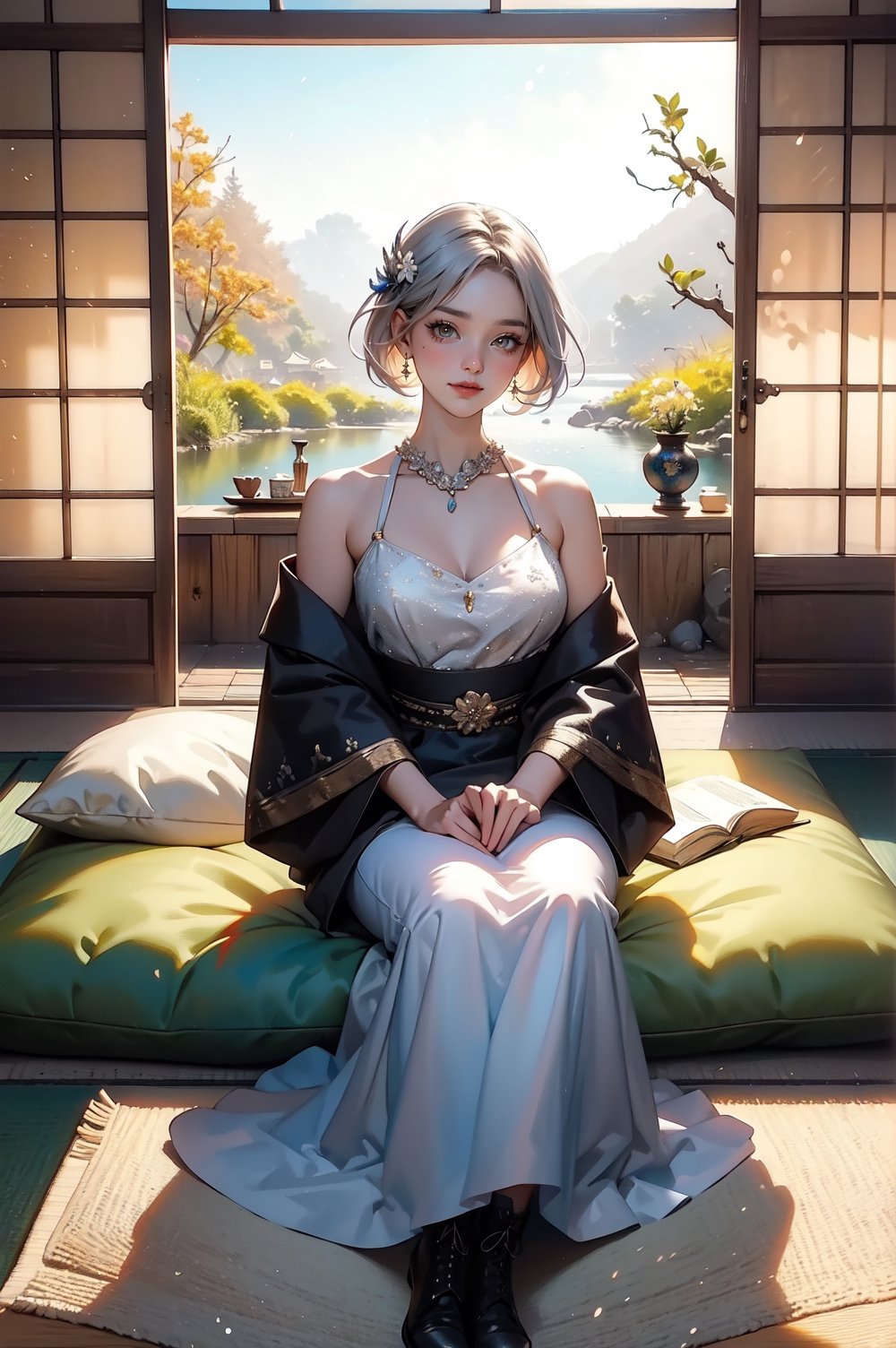 {{A tranquil}} depiction of {a beautiful girl} with {beautiful silver short hair} and {beautiful yellow eyes}, lying gracefully on a {futon} with {a serene smile} and {gentle blush}. She wears {a one-shoulder top, skinny jeans, and brown boots} in {a tatami room}. This is a {masterpiece}-inspired image that showcases {the serene beauty} of the girl. The environment/background should be {a tatami room} to create {a peaceful atmosphere}. The image should be in the style of {a hand-drawn illustration}, incorporating elements of {anime}. The close-up shot, captured with {a macro} lens, will provide {perfect anatomy} and {intricate details} of the girl's face and attire. The lighting should be {soft and natural}, emphasizing {the girl's tranquil expression}. The desired level of detail is {perfect}, highlighting {the flawless hands and proportions} of the girl. The goal is to create {a tranquil and captivating} image that captivates viewers with its {serene beauty}.