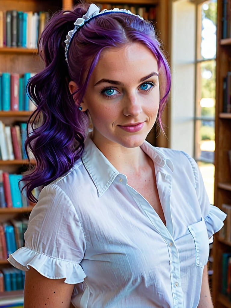 A close-up shot of a stunning young woman with vibrant purple hair styled in a ponytail and frilled hair band, her piercing blue eyes half-opened as she gazes directly at the viewer. She stands confidently inside a cozy library setting, wearing a crisp white button-down shirt with short sleeves, paired with high-waisted blue shorts and a black belt. Her curves are accentuated by brown pantyhose, showcasing her impressive figure. A warm smile plays on her lips as she poses, radiating confidence and charm.