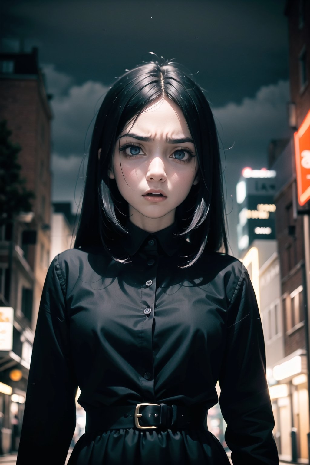 woman in a (black velvet dress, very long dress) with (jet black hair), expressive face, detailed features, (((afraid, look of fear, fearful, panic, scared, terrified look, horrified expression, shocked))), emotional, very detailed eyes, dark eyes, black eyes, wide eyed, masterpiece, best quality, ultra detailed, intricate details, highly detailed, fine details, sharp focus, depth of field, gloomy lighting, dark city street, empty city street, cityscape, dark skies, modern setting, dynamic views, ,LowRA,starrystarscloudcolorful