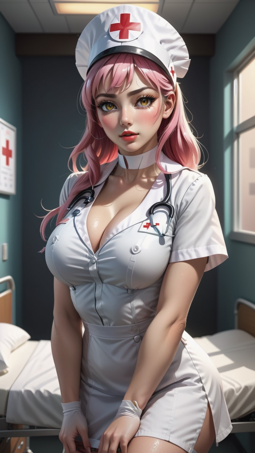 masterpiece, best quality, high resolution, 8k, photorealistic, 22 year old beautiful young woman in sexy nurse outfit posing for camera, 1girl, solo, intense black eyes, waist length pink hair, nurse, huge breasts, open neckline, nurse cap, latin skin woman, argentinian descent, hat, full body shot ((priority: 1. 5)), glamorous figure, hyper cute face, shiny lips, sweaty body, double eyelids on both eyes, natural makeup, long eyelashes, light blue and yellow _hair/black_eyes, huge_tits, long_hair , asymmetrical bangs, sexy nurse costume_red and white, hospital room background, 8K resolution, high level of detail, detailed hairstyle, detailed face, spectacular cinematic lighting, octane rendering, vibrant, hyper realistic.