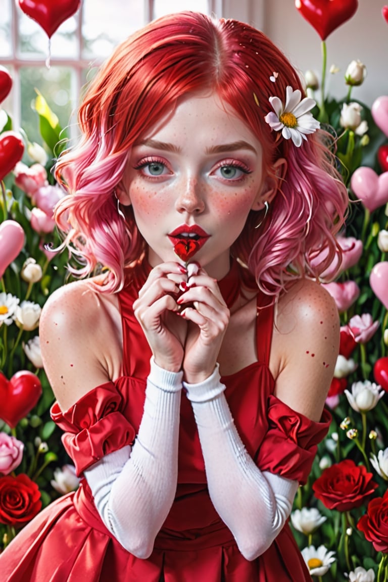 Valentine's Day theme, 1 girl, red dress, tight high, white socks, sending a kiss, hearts, flowers, pink hair, freckles, sharp focus, perfect hands, perfect light
