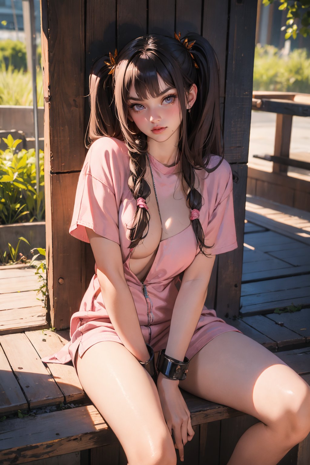 BREAK 1girl, solo,  mrndnkk, pink eyes, brown hair, twintails, very long hair, bangs, orange jumpsuit, prison clothes, prisoner, shackles, standing, outdoors, looking at viewer, pout, sitting