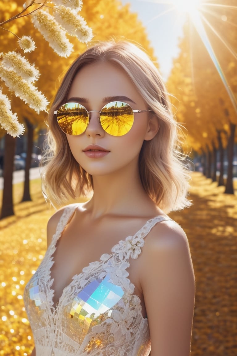 1girl,frameless sunglasses,iridescent light,sunny day,reflection on frameless glasses,(lens flare:1.3),yellow theme,looking at viewer,,white lace silver summer dress,glitters on dress,from above side,street with flower grass trees,(detailed:1.3) image,(intricate:1.2)(autumn :1.3),(masterpiece:1.2),(best quality:1.2),newest,intricate details,ai-generated,
