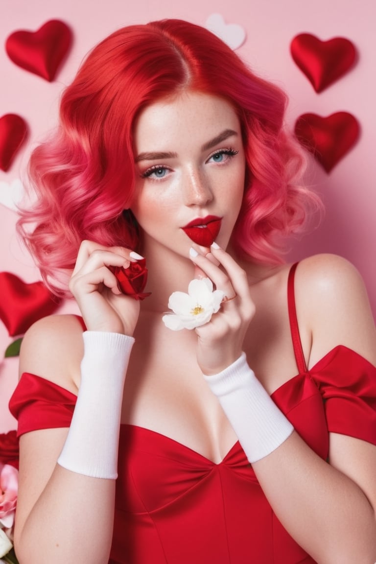 Valentine's Day theme, 1 girl, red dress, tight high, white socks, sending a kiss, hearts, flowers, pink hair, freckles, sharp focus, perfect hands, perfect light
