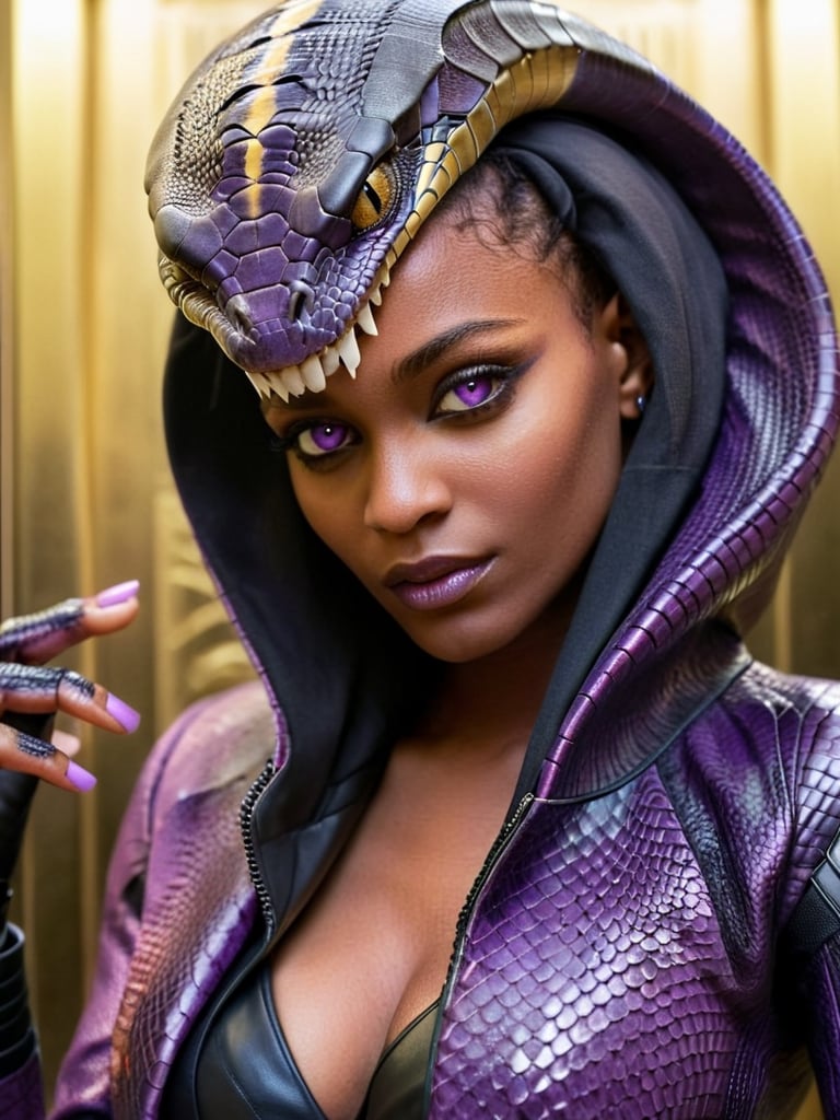 《masterpiece》, 《best quality》, 《ultra-detailed》, 1girl, cool, Glowing purple eyes, '((dark skin))', egyptian, egyptian style, exotic, black hair, '((Augmented cyborg))', fused with King Cobra, king cobra motif, poisonous, '((dripping black venom))', '((purple and gold metal exoskeleton))', '((snakeskin jacket with hood))', '((black snake scales))', '((Talking on a smartphone))', '(((Smartphone, selfie)))', '((upper body angle))', '(((elevator))