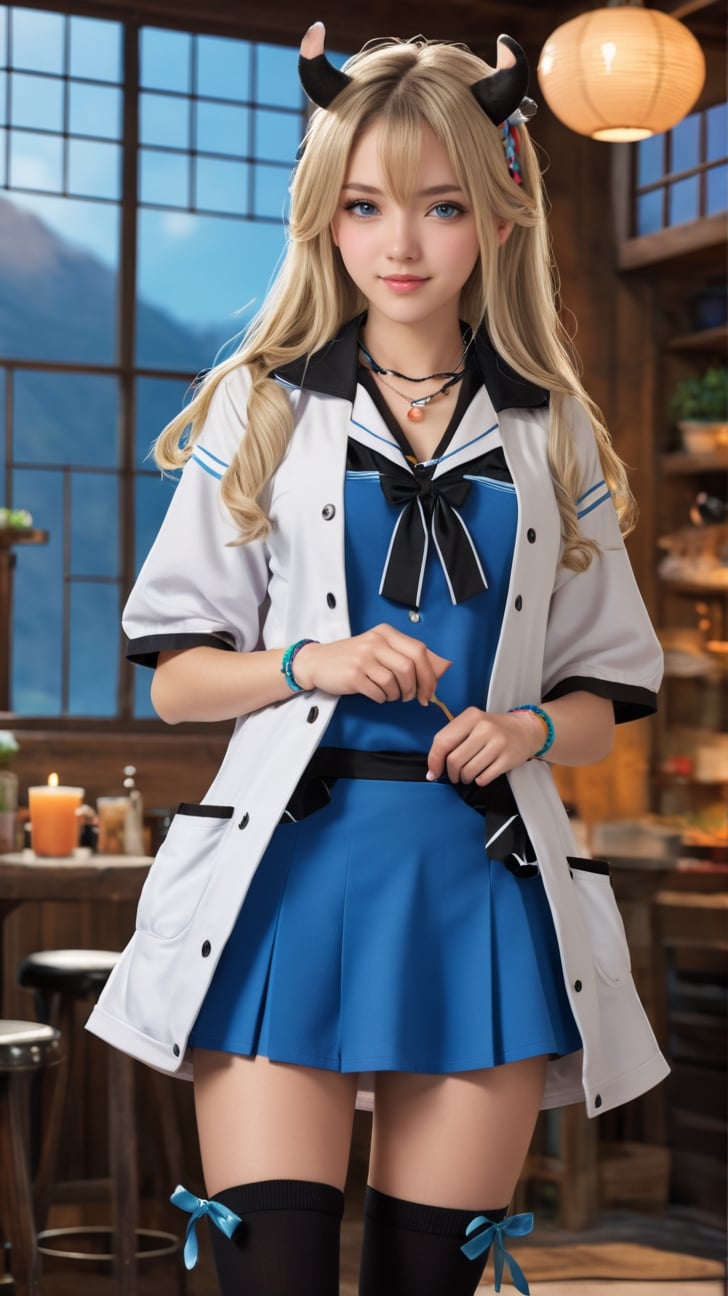 (female): solo, (perfect face), (detailed outfit), (20 years old), inn worker, (cow ears), relaxed, content, (cleaning), pale hair, long hair, asymmetrical hair, blue eyes, light skin, large chest_circumference, (short-sleeve coat), (mini skirt), (black thighhighs), (large ribbon), (friendship bracelet) (background): from front, indoor, (inn), (bathhouse), (towels), (buckets), (stools), evening, (effects): (masterpiece), (best quality), (sharp focus), (depth of field), (high res), more_details:-1, more_details:0, more_details:0.5, more_details:1, more_details:1.5, kawaiitech, pastel colors, kawaii, cute colors
