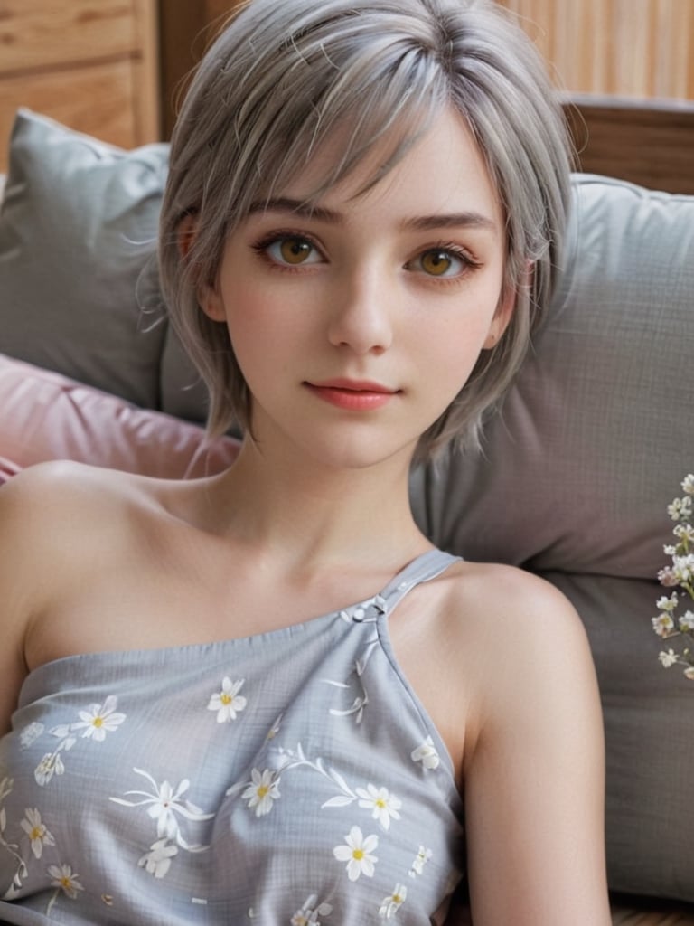 {{A tranquil}} depiction of {a beautiful girl} with {beautiful silver short hair} and {beautiful yellow eyes}, lying gracefully on a {futon} with {a serene smile} and {gentle blush}. She wears {a one-shoulder top, skinny jeans, and brown boots} in {a tatami room}. This is a {masterpiece}-inspired image that showcases {the serene beauty} of the girl. The environment/background should be {a tatami room} to create {a peaceful atmosphere}. The image should be in the style of {a hand-drawn illustration}, incorporating elements of {anime}. The close-up shot, captured with {a macro} lens, will provide {perfect anatomy} and {intricate details} of the girl's face and attire. The lighting should be {soft and natural}, emphasizing {the girl's tranquil expression}. The desired level of detail is {perfect}, highlighting {the flawless hands and proportions} of the girl. The goal is to create {a tranquil and captivating} image that captivates viewers with its {serene beauty}.