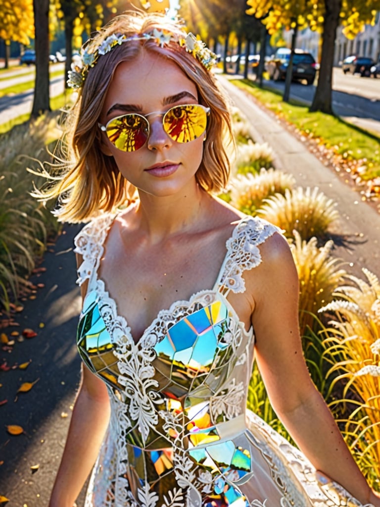 1girl,frameless sunglasses,iridescent light,sunny day,reflection on frameless glasses,(lens flare:1.3),yellow theme,looking at viewer,,white lace silver summer dress,glitters on dress,from above side,street with flower grass trees,(detailed:1.3) image,(intricate:1.2)(autumn :1.3),(masterpiece:1.2),(best quality:1.2),newest,intricate details,ai-generated,
